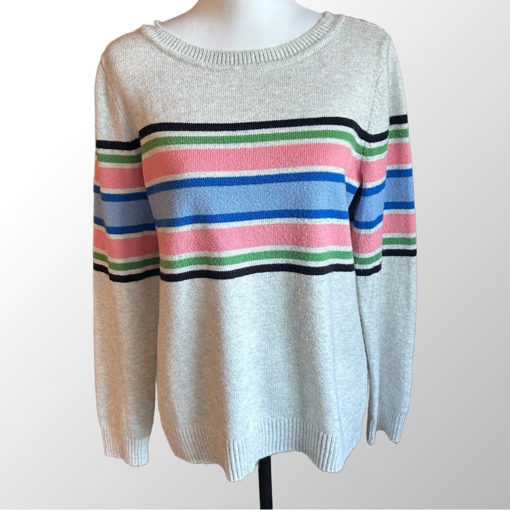 Talbots Gray Cotton-blend Striped Sweater w/ Button Detail on Shoulder Large‎